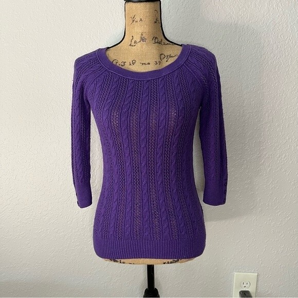 American Eagle Purple Size S Wool Blend Cable Knit Round Neck 3/4 Sleeve Sweater - Picture 1 of 9